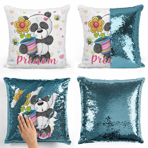 coussin pillow mermaid à sequin magique enfant reversible et personnalisable avec motif panda pot de fleur de couleur bleu clair