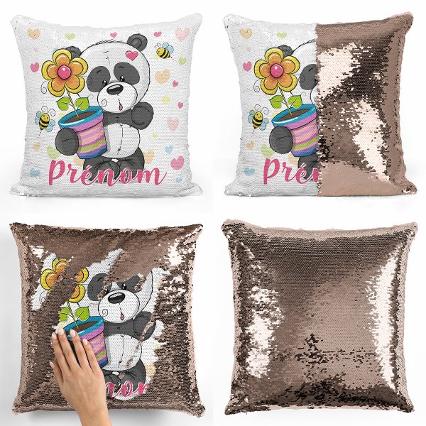 coussin pillow mermaid à sequin magique enfant reversible et personnalisable avec motif panda pot de fleur de couleur champagne