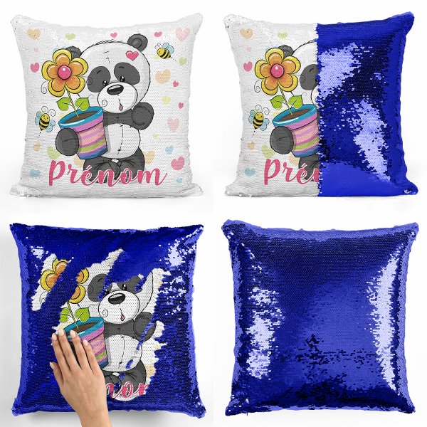 coussin pillow mermaid à sequin magique enfant reversible et personnalisable avec motif panda pot de fleur de couleur bleu foncé