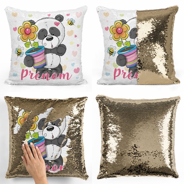 coussin pillow mermaid à sequin magique enfant reversible et personnalisable avec motif panda pot de fleur de couleur or doré