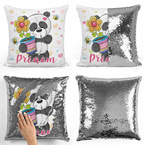 coussin pillow mermaid à sequin magique enfant reversible et personnalisable avec motif panda pot de fleur de couleur argent