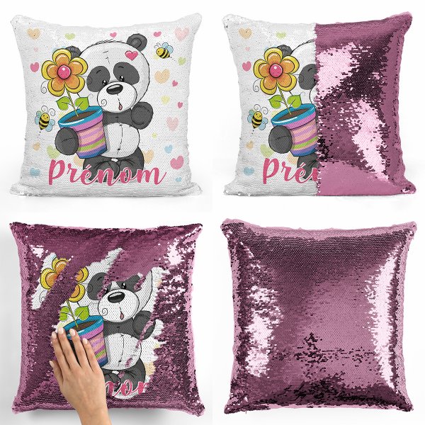 coussin pillow mermaid à sequin magique enfant reversible et personnalisable avec motif panda pot de fleur de couleur rose clair