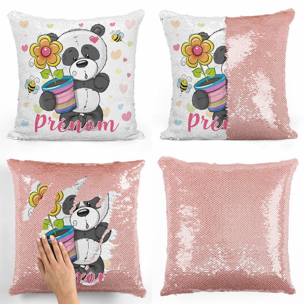 coussin pillow mermaid à sequin magique enfant reversible et personnalisable avec motif panda pot de fleur de couleur saumon