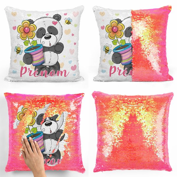 coussin pillow mermaid à sequin magique enfant reversible et personnalisable avec motif panda pot de fleur de couleur orange nacré