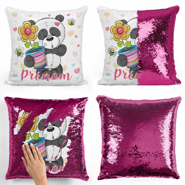 coussin pillow mermaid à sequin magique enfant reversible et personnalisable avec motif panda pot de fleur de couleur fushia