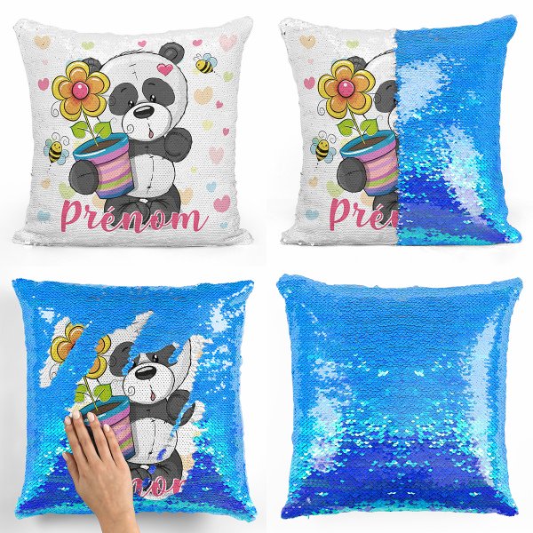 coussin pillow mermaid à sequin magique enfant reversible et personnalisable avec motif panda pot de fleur de couleur bleu nacré