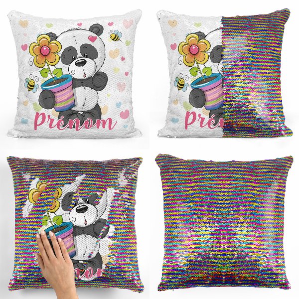 coussin pillow mermaid à sequin magique enfant reversible et personnalisable avec motif panda pot de fleur de couleur multicolore