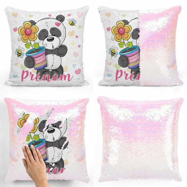 coussin pillow mermaid à sequin magique enfant reversible et personnalisable avec motif panda pot de fleur de couleur blanc nacré