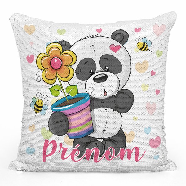 coussin pillow mermaid à sequin magique enfant reversible et personnalisable avec motif panda pot de fleur