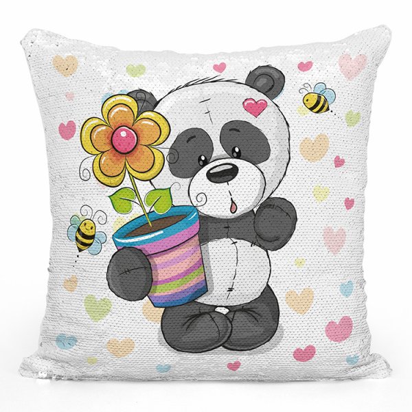 coussin pillow mermaid à sequin magique enfant reversible avec motif panda pot de fleur