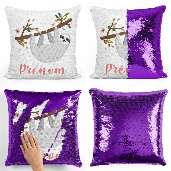 coussin pillow mermaid à sequin magique enfant reversible et personnalisable avec motif paresseux de couleur violet