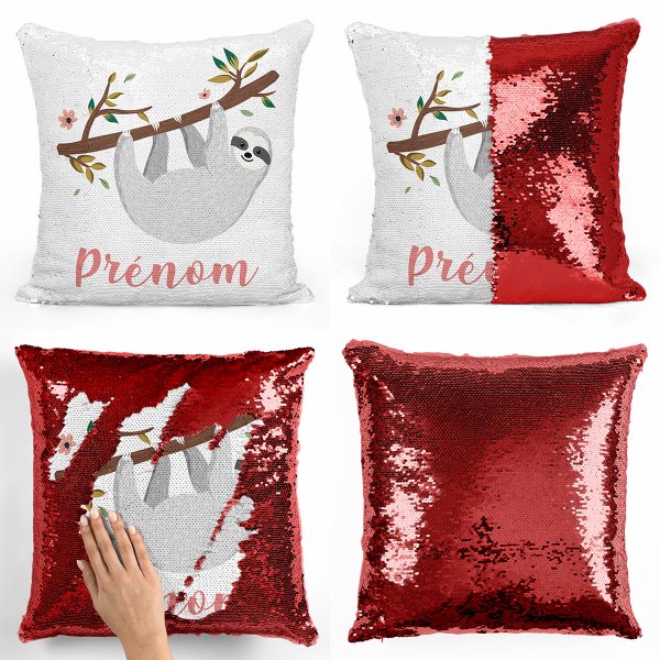 coussin pillow mermaid à sequin magique enfant reversible et personnalisable avec motif paresseux de couleur rouge