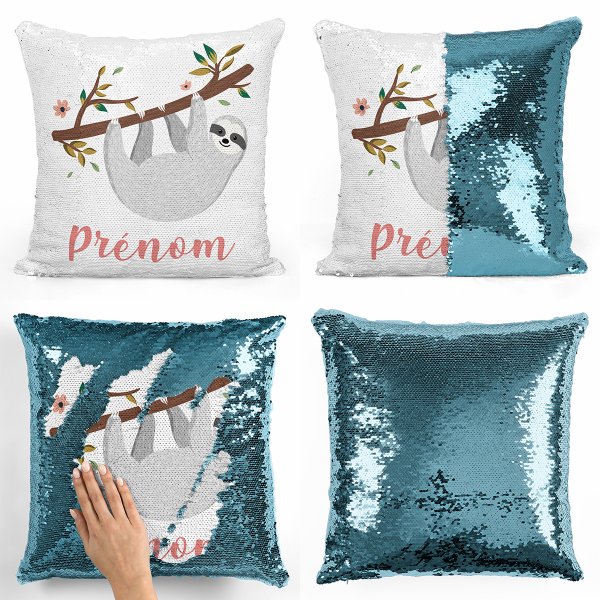 coussin pillow mermaid à sequin magique enfant reversible et personnalisable avec motif paresseux de couleur bleu clair