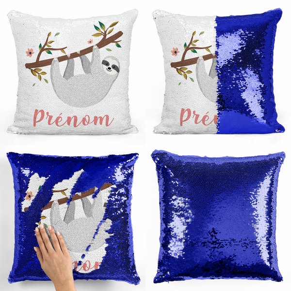 coussin pillow mermaid à sequin magique enfant reversible et personnalisable avec motif paresseux de couleur bleu foncé