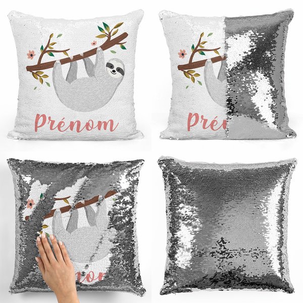 coussin pillow mermaid à sequin magique enfant reversible et personnalisable avec motif paresseux de couleur argent