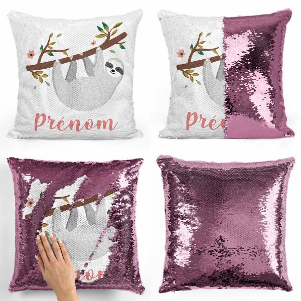 coussin pillow mermaid à sequin magique enfant reversible et personnalisable avec motif paresseux de couleur rose clair