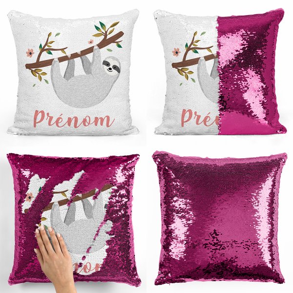 coussin pillow mermaid à sequin magique enfant reversible et personnalisable avec motif paresseux de couleur fushia