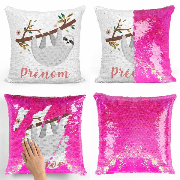 coussin pillow mermaid à sequin magique enfant reversible et personnalisable avec motif paresseux de couleur rose nacré