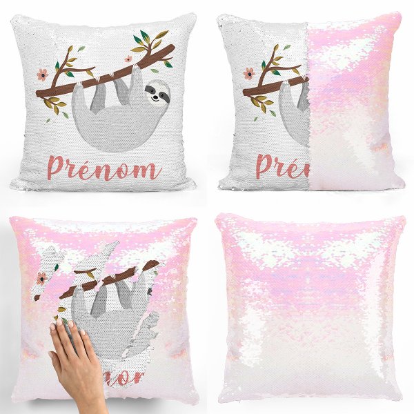 coussin pillow mermaid à sequin magique enfant reversible et personnalisable avec motif paresseux de couleur blanc nacré