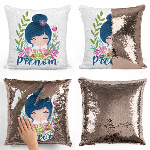 coussin pillow mermaid à sequin magique enfant reversible et personnalisable avec motif petite fille de couleur champagne