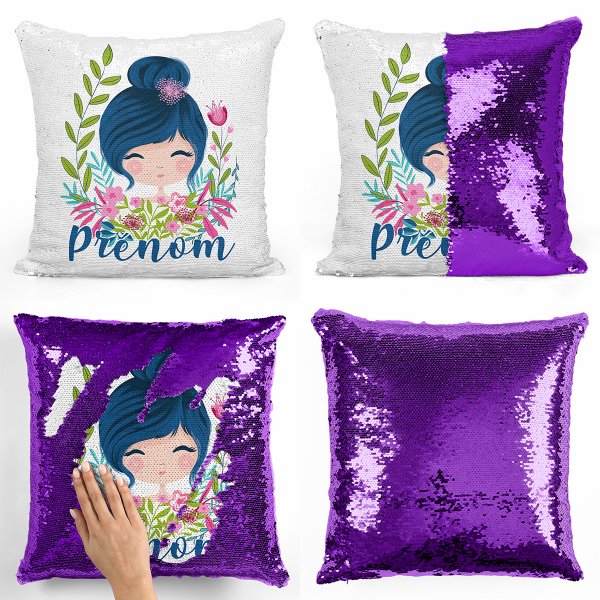 coussin pillow mermaid à sequin magique enfant reversible et personnalisable avec motif petite fille de couleur violet