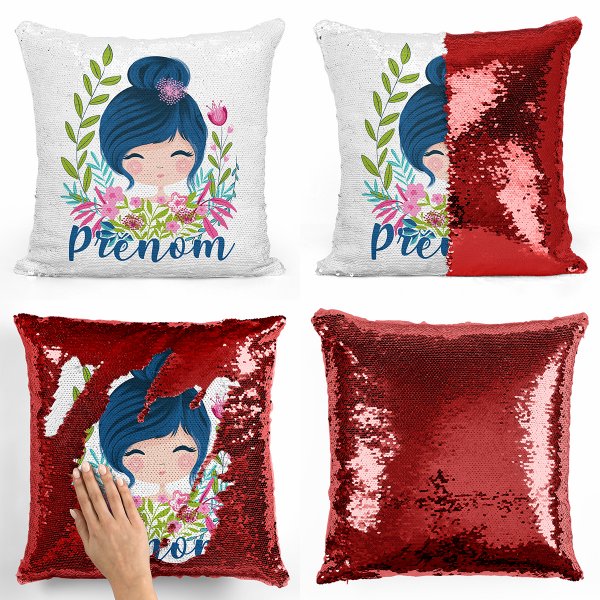 coussin pillow mermaid à sequin magique enfant reversible et personnalisable avec motif petite fille de couleur rouge