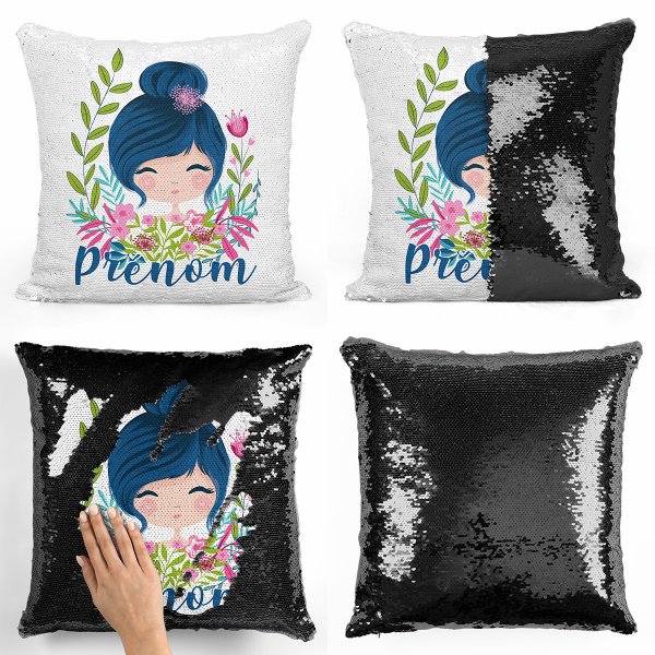 coussin pillow mermaid à sequin magique enfant reversible et personnalisable avec motif petite fille de couleur noir