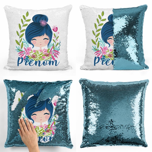 coussin pillow mermaid à sequin magique enfant reversible et personnalisable avec motif petite fille de couleur bleu clair