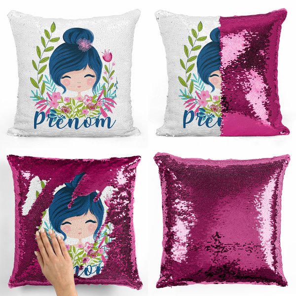 coussin pillow mermaid à sequin magique enfant reversible et personnalisable avec motif petite fille de couleur fushia