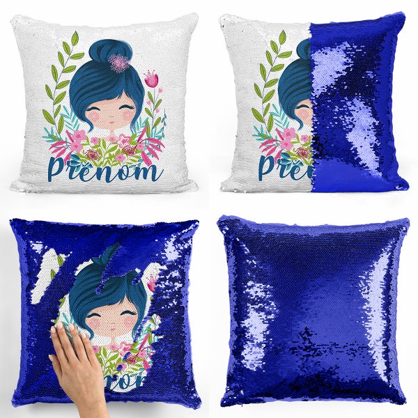 coussin pillow mermaid à sequin magique enfant reversible et personnalisable avec motif petite fille de couleur bleu foncé