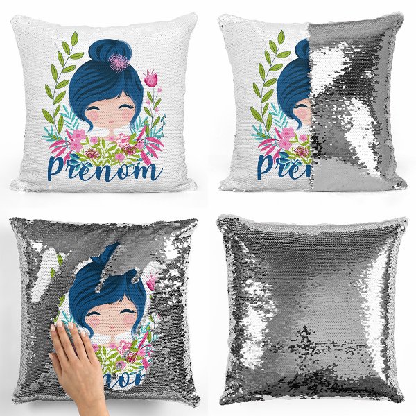 coussin pillow mermaid à sequin magique enfant reversible et personnalisable avec motif petite fille de couleur argent