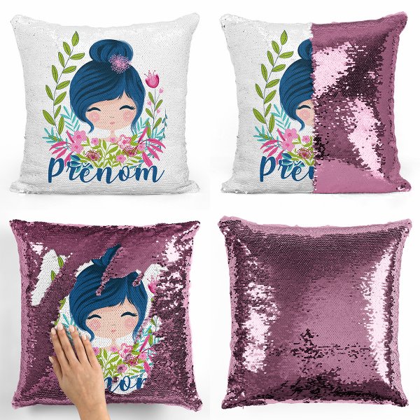 coussin pillow mermaid à sequin magique enfant reversible et personnalisable avec motif petite fille de couleur rose clair