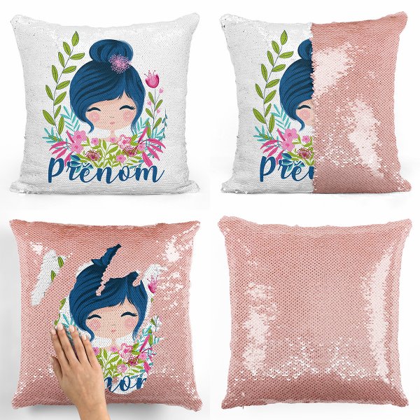 coussin pillow mermaid à sequin magique enfant reversible et personnalisable avec motif petite fille de couleur saumon