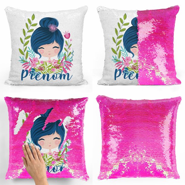 coussin pillow mermaid à sequin magique enfant reversible et personnalisable avec motif petite fille de couleur rose nacré