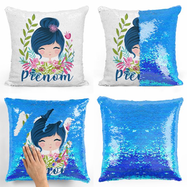 coussin pillow mermaid à sequin magique enfant reversible et personnalisable avec motif petite fille de couleur bleu nacré