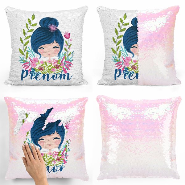 coussin pillow mermaid à sequin magique enfant reversible et personnalisable avec motif petite fille de couleur blanc nacré