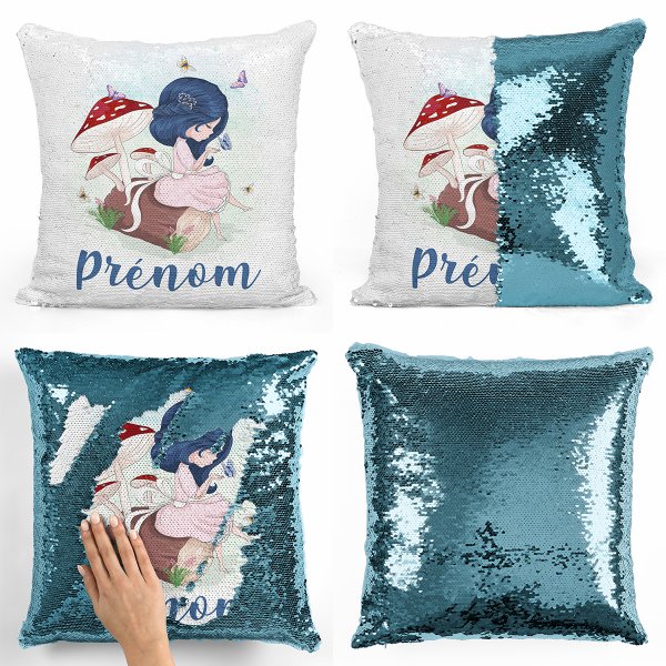 coussin pillow mermaid à sequin magique enfant reversible et personnalisable avec motif petite fille dans la fôret de couleur bleu clair