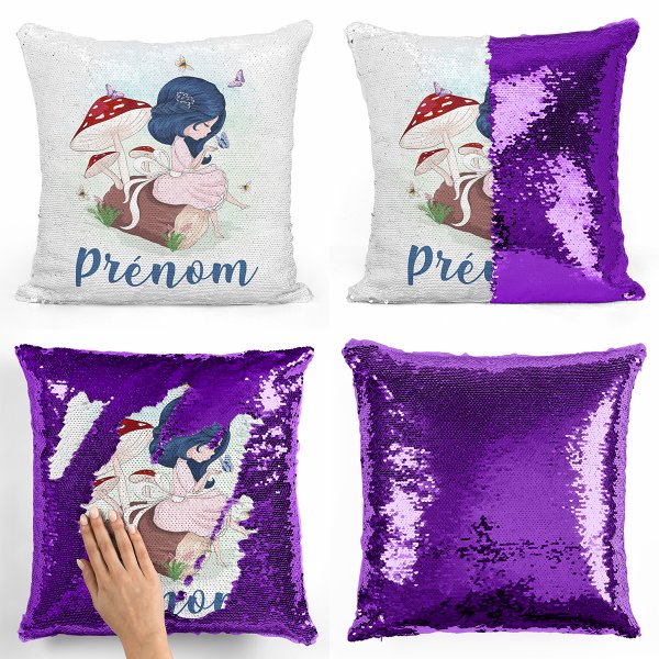 coussin pillow mermaid à sequin magique enfant reversible et personnalisable avec motif petite fille dans la fôret de couleur violet