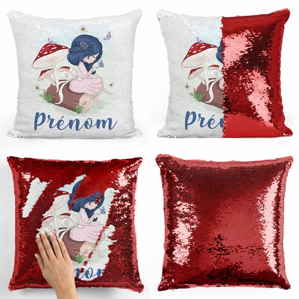 coussin pillow mermaid à sequin magique enfant reversible et personnalisable avec motif petite fille dans la fôret de couleur rouge