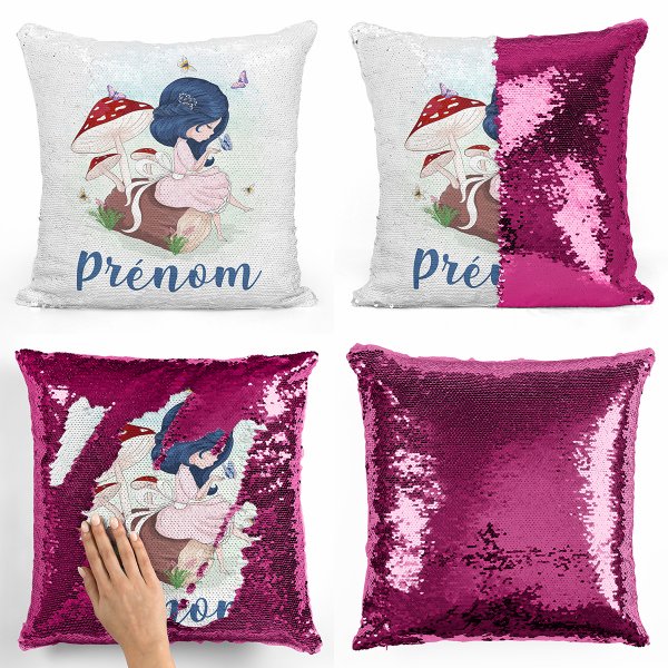 coussin pillow mermaid à sequin magique enfant reversible et personnalisable avec motif petite fille dans la fôret de couleur fushia