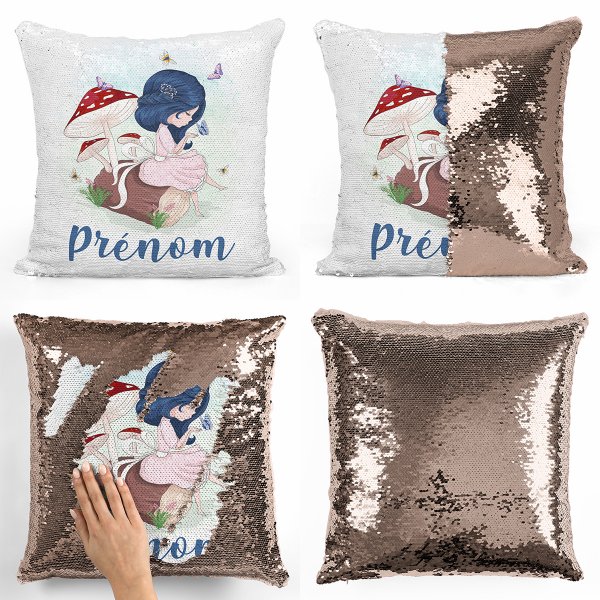 coussin pillow mermaid à sequin magique enfant reversible et personnalisable avec motif petite fille dans la fôret de couleur champagne