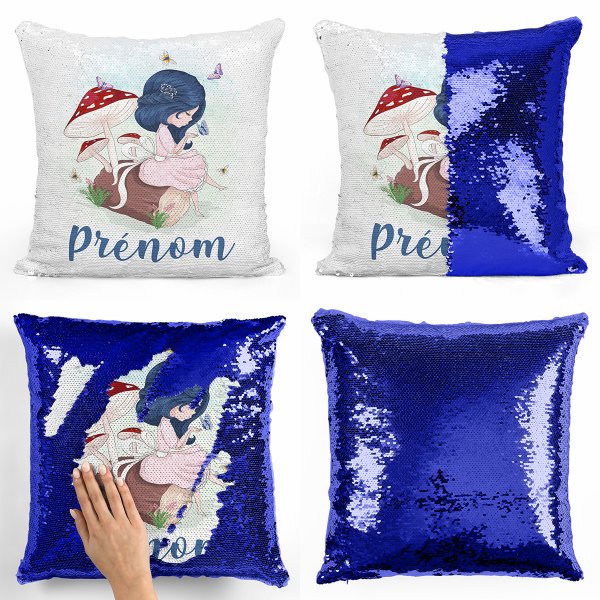 coussin pillow mermaid à sequin magique enfant reversible et personnalisable avec motif petite fille dans la fôret de couleur bleu foncé