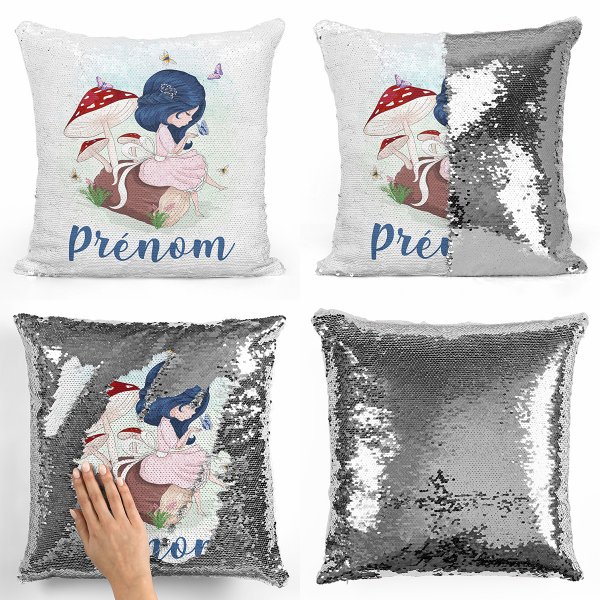 coussin pillow mermaid à sequin magique enfant reversible et personnalisable avec motif petite fille dans la fôret de couleur argent