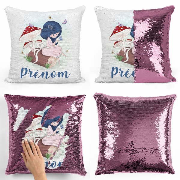 coussin pillow mermaid à sequin magique enfant reversible et personnalisable avec motif petite fille dans la fôret de couleur rose clair