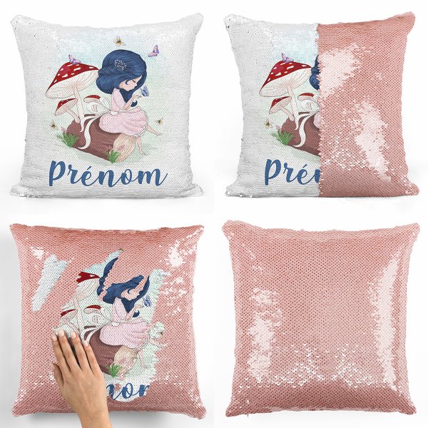 coussin pillow mermaid à sequin magique enfant reversible et personnalisable avec motif petite fille dans la fôret de couleur saumon