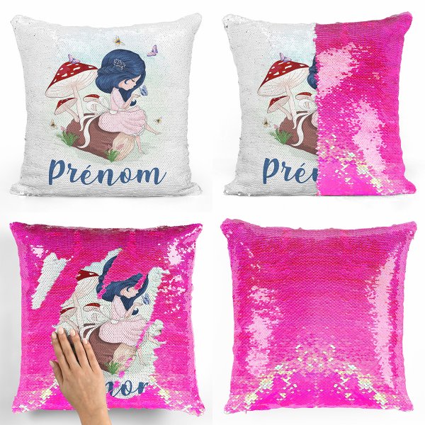 coussin pillow mermaid à sequin magique enfant reversible et personnalisable avec motif petite fille dans la fôret de couleur rose nacré