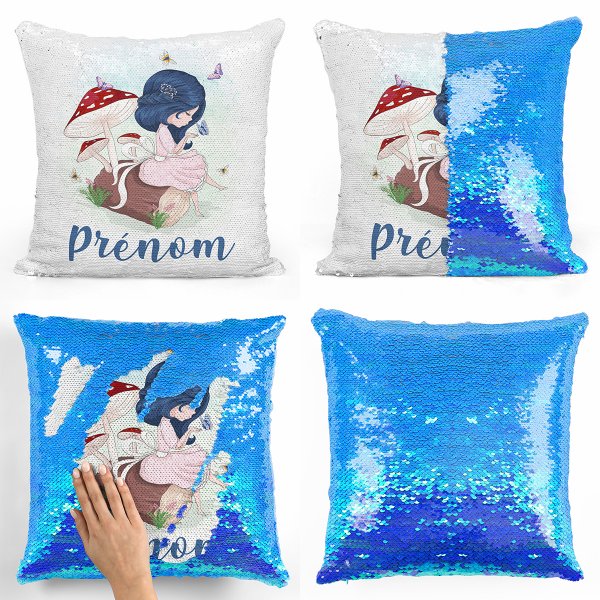 coussin pillow mermaid à sequin magique enfant reversible et personnalisable avec motif petite fille dans la fôret de couleur bleu nacré