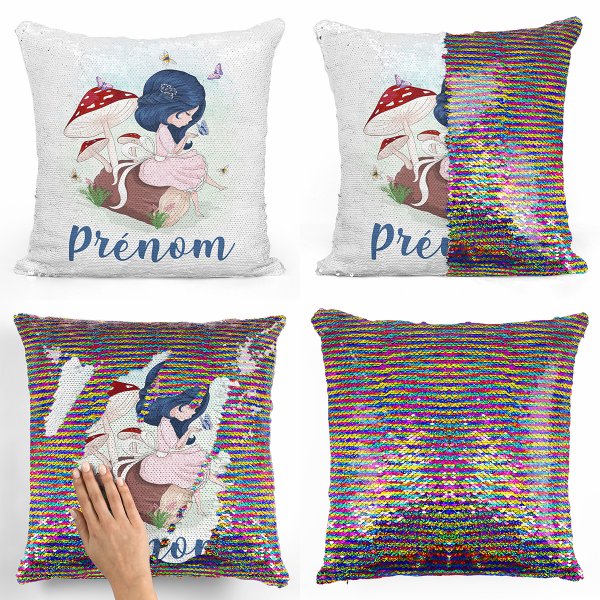 coussin pillow mermaid à sequin magique enfant reversible et personnalisable avec motif petite fille dans la fôret de couleur multicolore