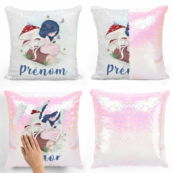 coussin pillow mermaid à sequin magique enfant reversible et personnalisable avec motif petite fille dans la fôret de couleur blanc nacré