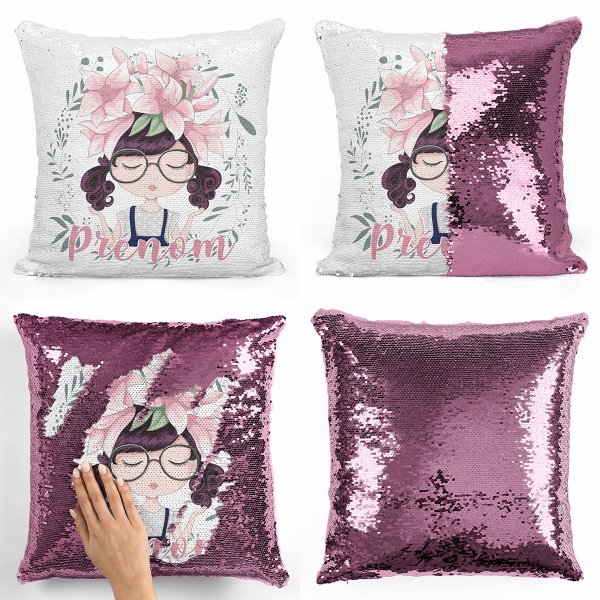 coussin pillow mermaid à sequin magique enfant reversible et personnalisable avec motif petite fille de couleur rose clair